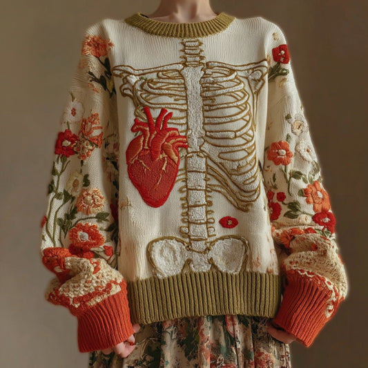 Vintage Halloween Anatomy And Red Heart Art Chunky Knitted Sweater