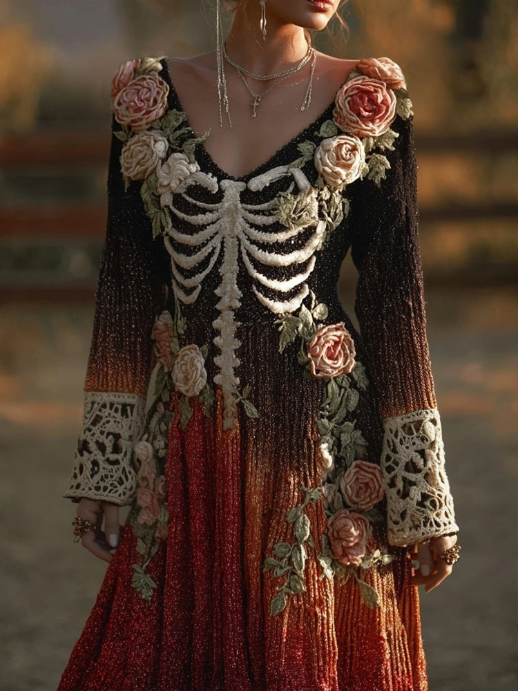 Vintage Skeleton Roses Glitter Gradient Cozy Maxi Dress