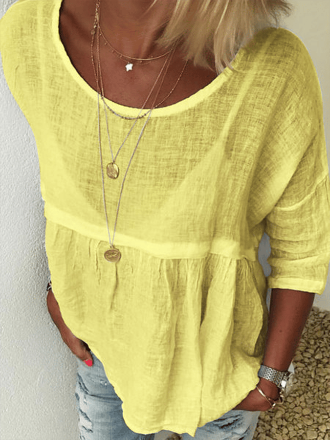 Women's Casual Cotton Linen Round Neck Long Sleeve T-Shirt