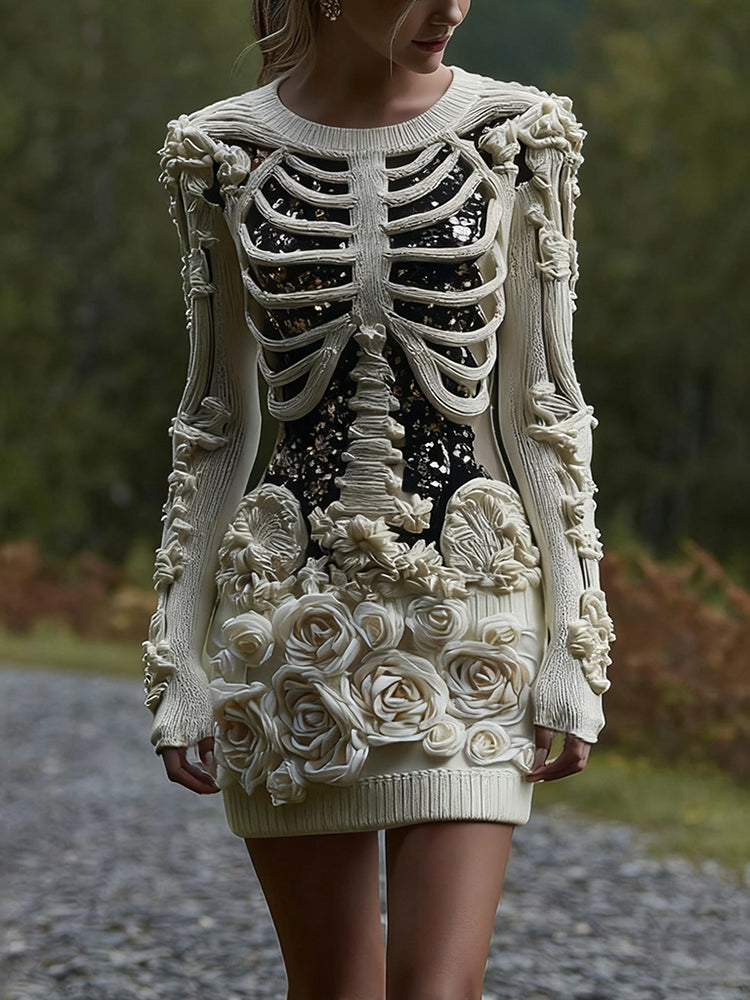 Women's Vintage Halloween Skeleton Bones With Glitter And Rose Art Cozy Knit Mini Sweater Dress