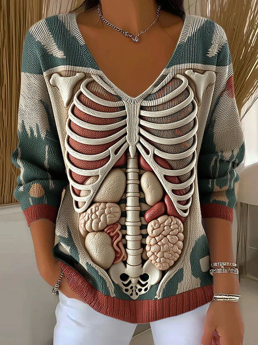 Vintage Halloween Anatomy Art V Neck Chunky Knitted Sweater