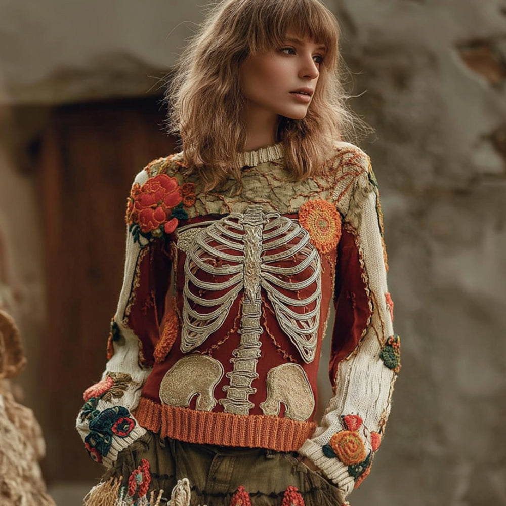 Women's Halloween Human Anatomy Art And Flower Color Blocked Ancient Round Neck Sweater