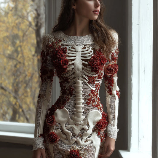 Women's Halloween Skeleton Flower Embroidered Lace Long Sleeve Dress