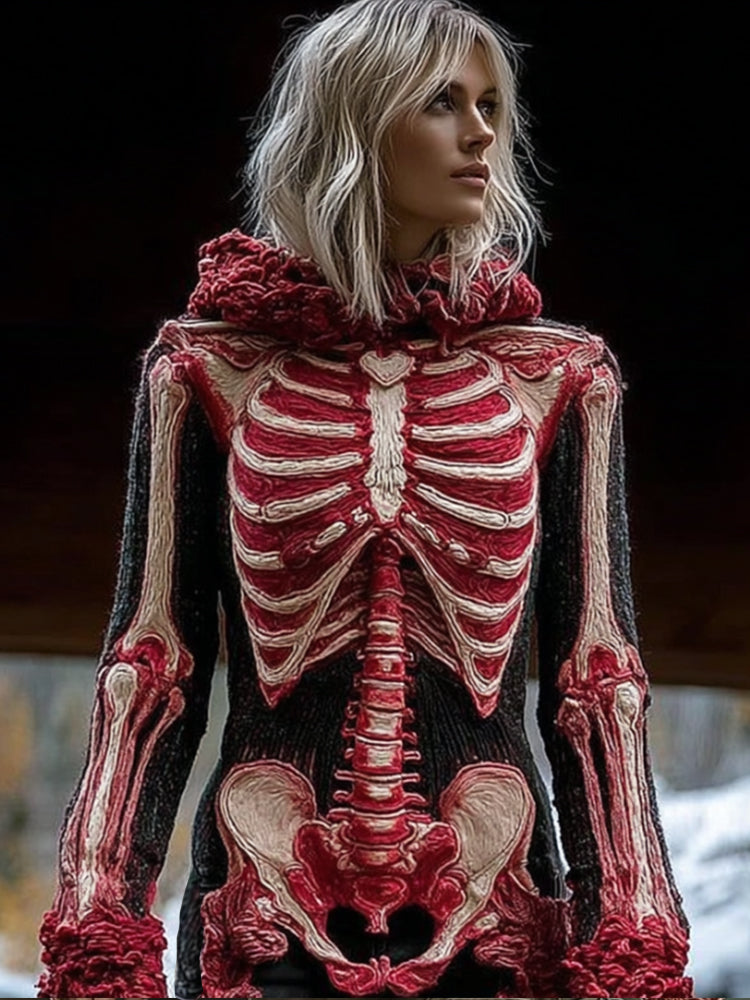 Vintage Halloween Skeleton Art Hooded Sweater