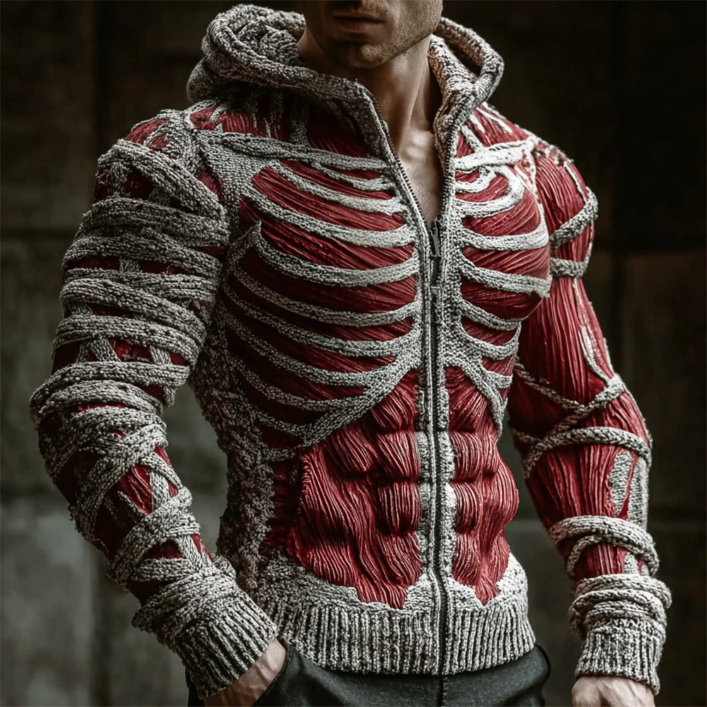 Halloween Bloody Skeleton Bandage Art Men's Knit Hooded Zip-up Sweater