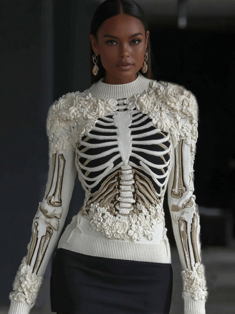 Women's Skull Rib Pattern Cozy Knit Pullover Sweater