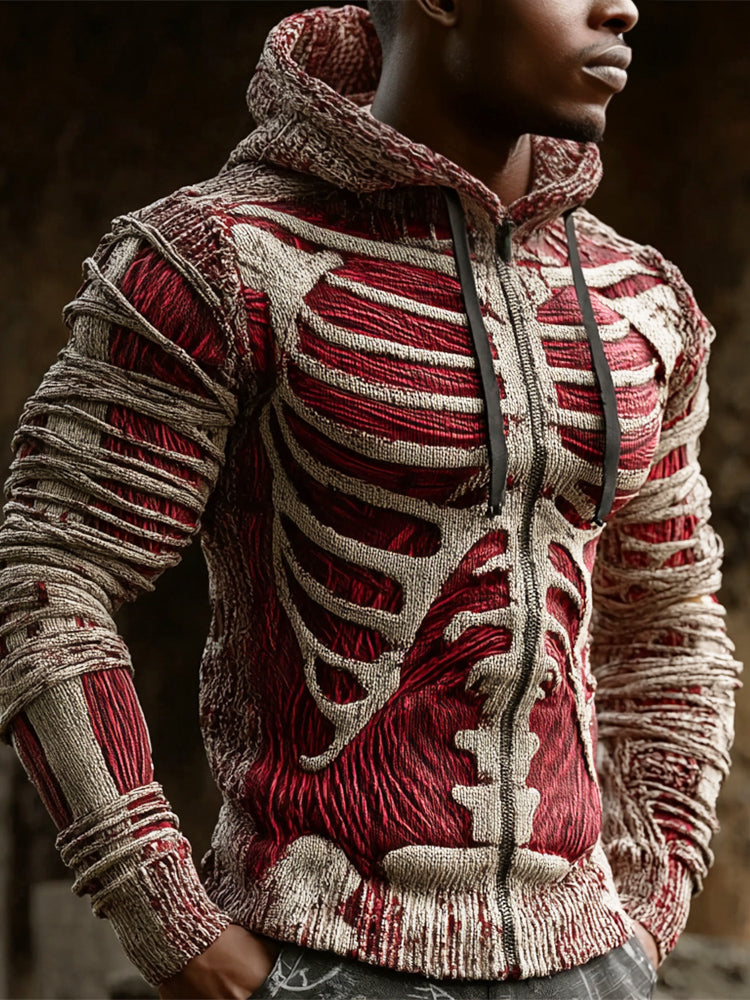 Halloween Bloody Skeleton Bandage Art Men's Knit Hooded Zip-up Sweater