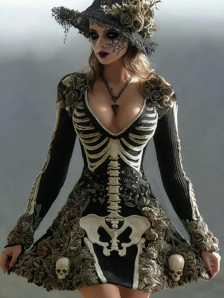 Women's Vintage Knitted Skull Floral Sweater Mini Dress