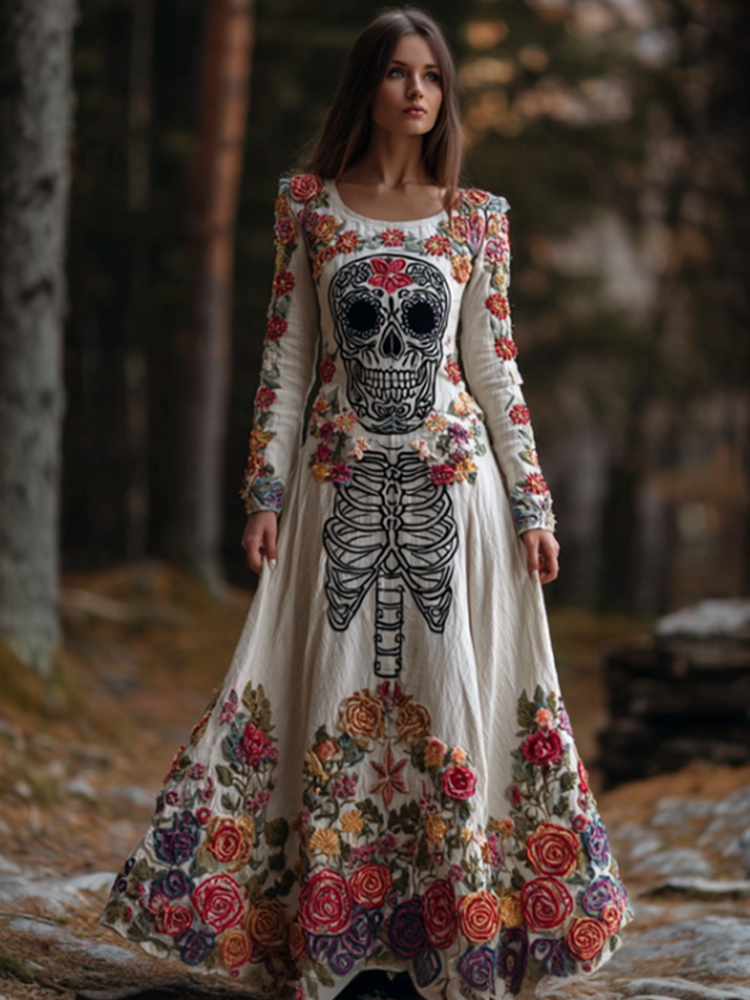 Woman's Round-necked Cotton And Linen Dress Is Designed With A Combination Of Halloween Plants, Flowers, And Skull Skeletons.