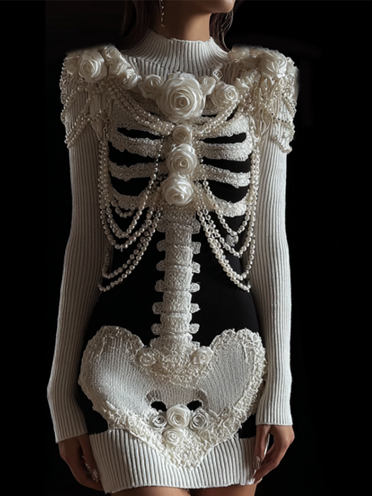 Women's Retro Halloween Line Art Knitted Warm Sweater Dress