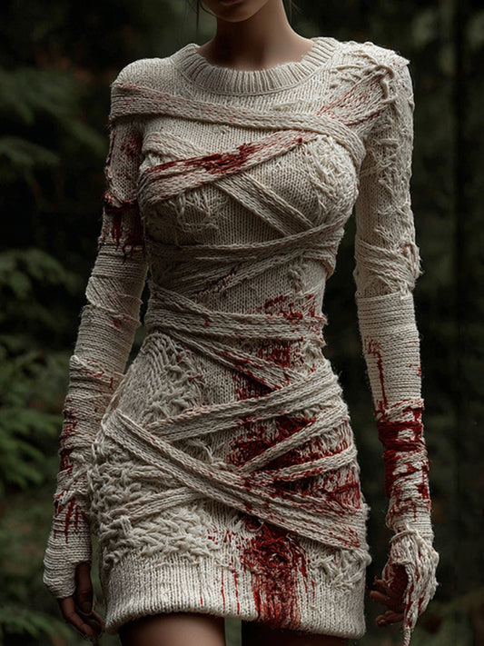 Women's Halloween Bandage Art Cozy Knit Mini Sweater Dress