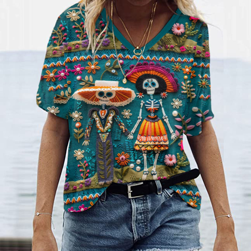 Mexican Sugar Skeleton Couple Catrina Day Of The Dead Inspired Art Inspired Painting V-Neck T-Shirt