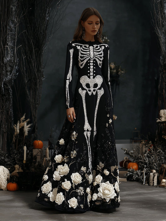 Women's Halloween Skeleton Bones Rose Velvet Maxi Dress
