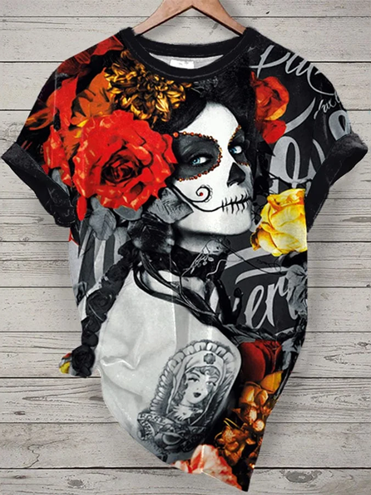 Mexican La Catrina Dia De Los Muertos Art Pattern Print Cotton Graphic T-Shirt