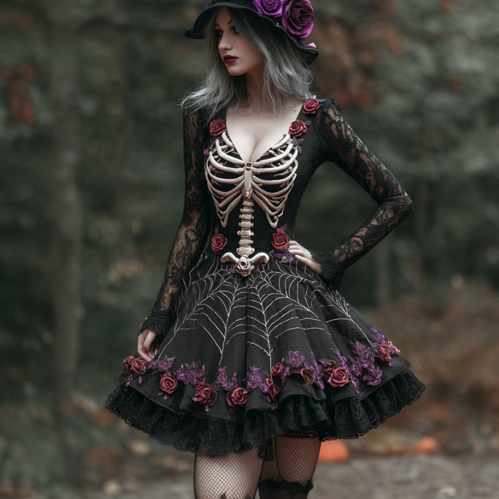 Halloween Skeleton And Rose Old Gothic Short Skirt