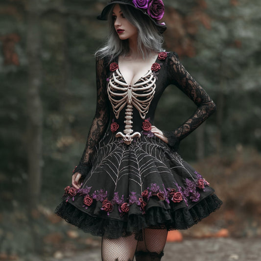Halloween Skeleton And Rose Old Gothic Short Skirt
