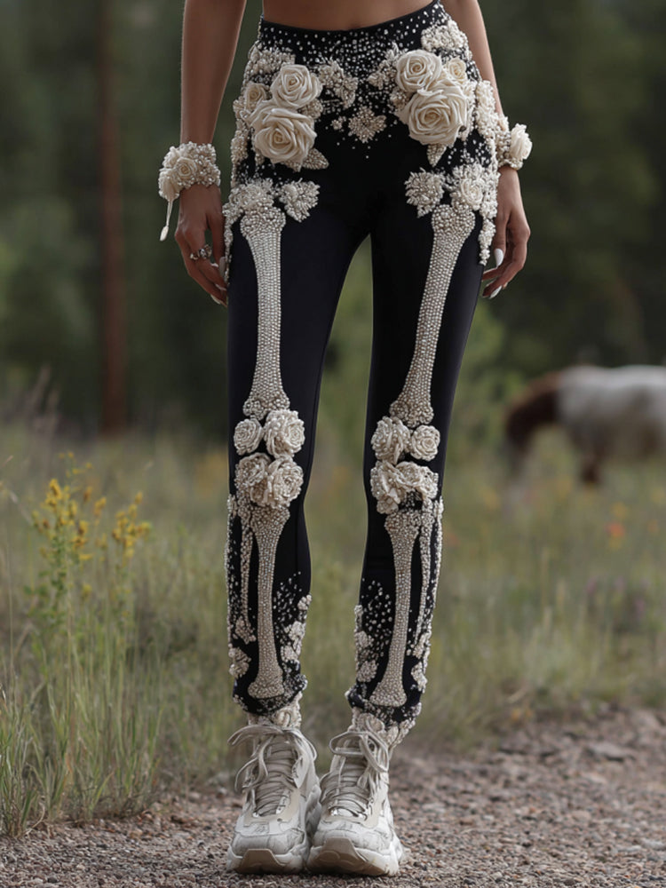 Vintage Halloween Skeleton Bones With Rose Art Cozy Knit Leggings