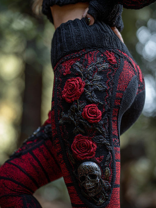 Women's Vintage Sugar Skull And Rose Pattern Comfortable Leggings