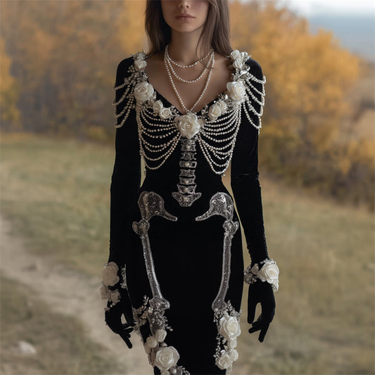 Vintage White Roses Skeleton Pearls V Neck Velvet Maxi Dress