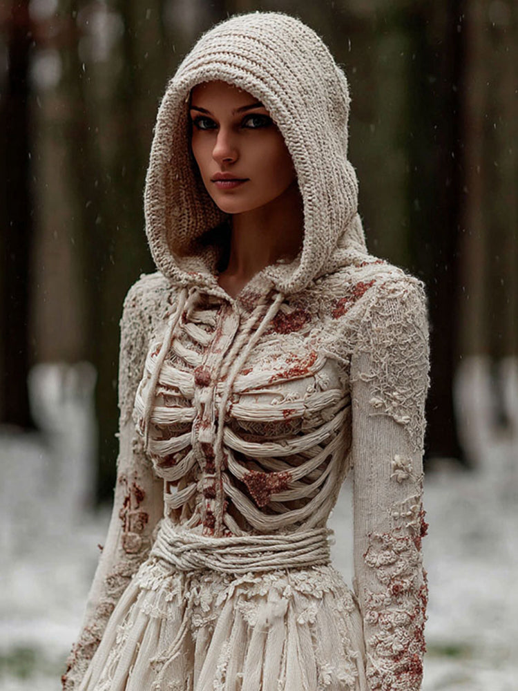 Women's Vintage Halloween Skeleton Knit Hooded Sweater