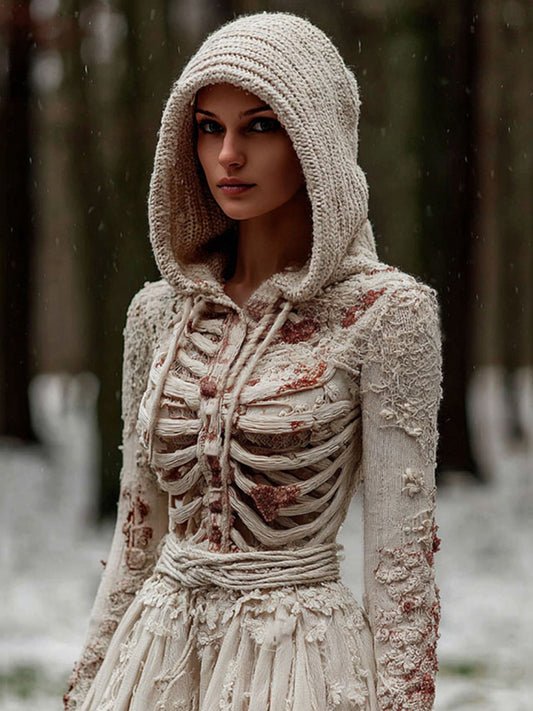 Women's Vintage Halloween Skeleton Knit Hooded Sweater