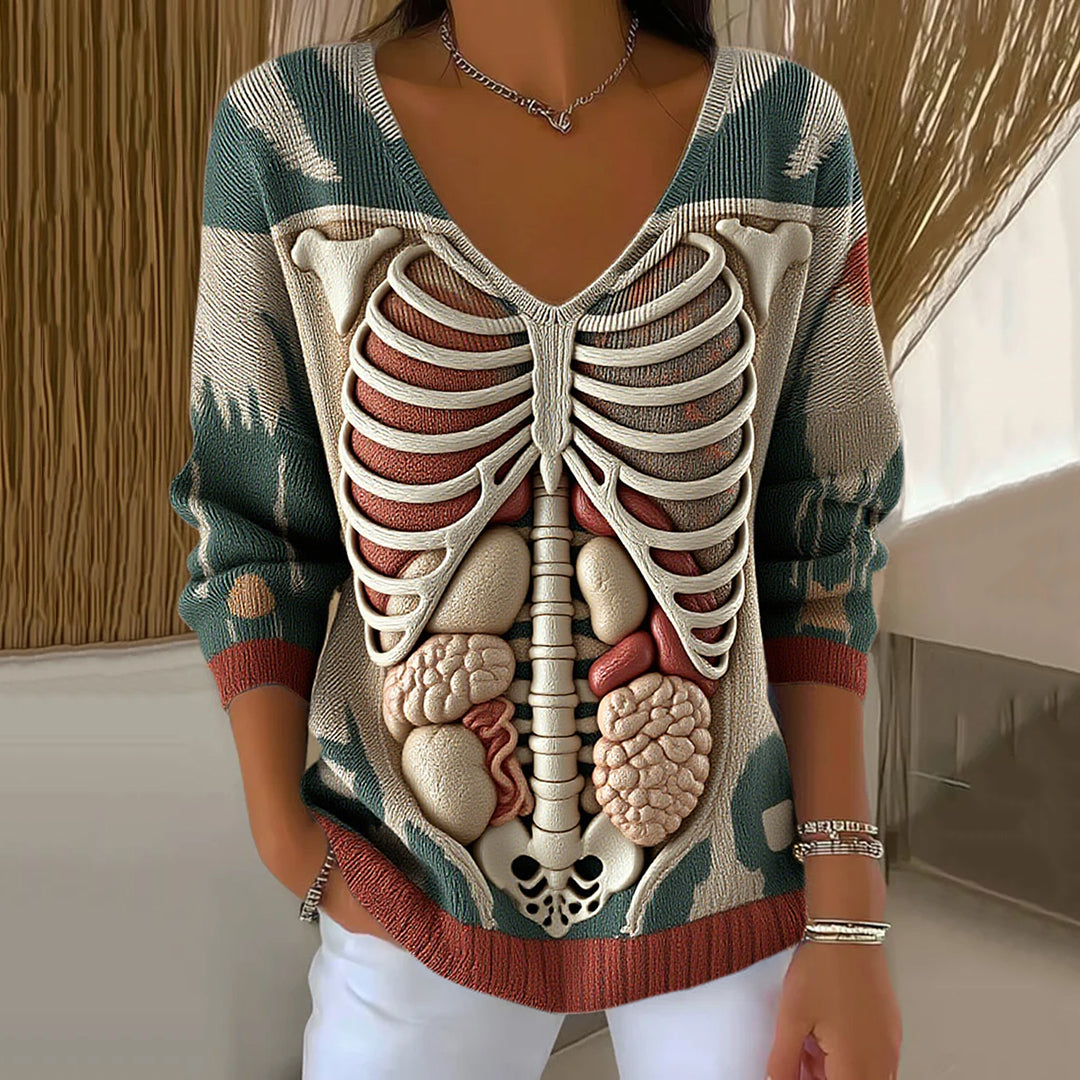 Vintage Halloween Anatomy Art V Neck Chunky Knitted Sweater