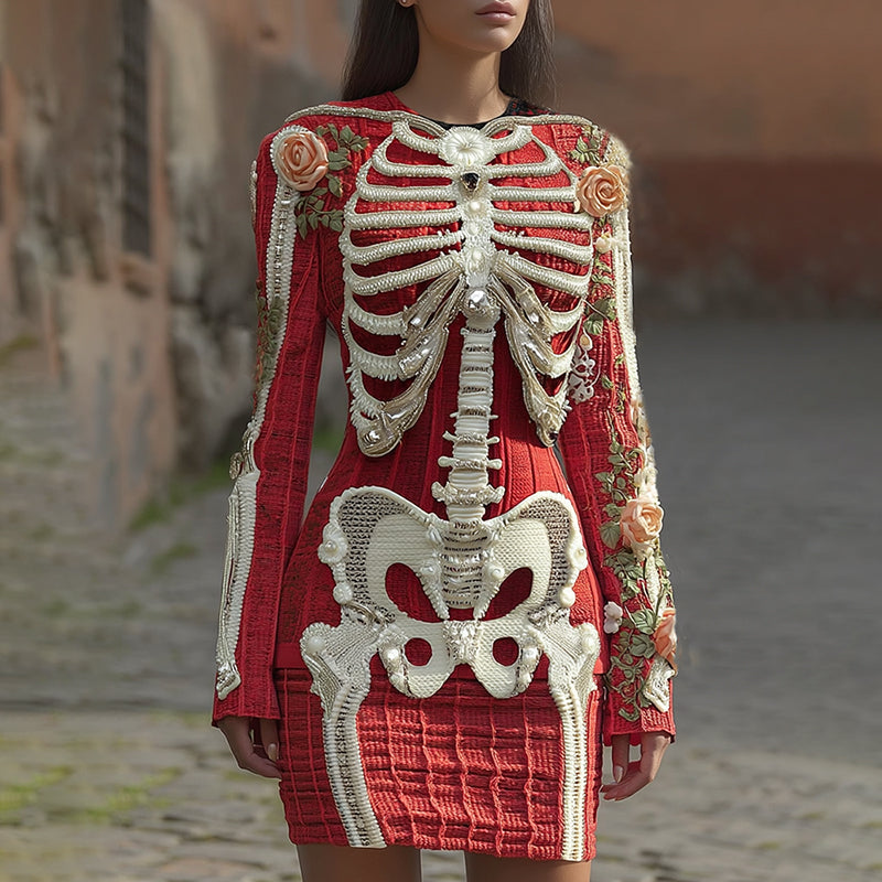 Women's Vintage Halloween Skeleton Bones With Rose Art Cozy Knit Mini Sweater Dress