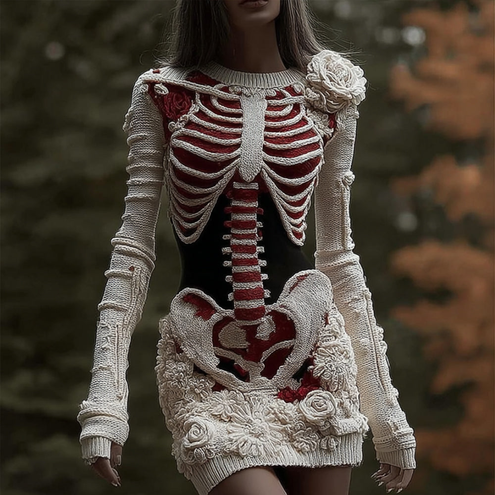 Women's Halloween Skeleton Art Flower Embroidery Dress