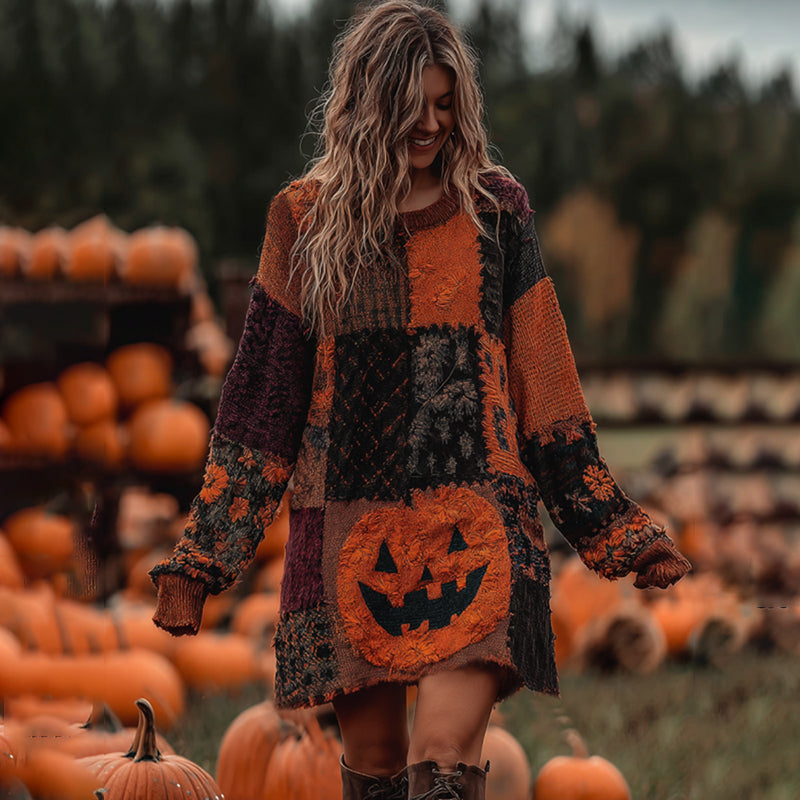 Vintage Halloween Pumpkin Face With Floral Patchwork Art Linen Cozy Knit Sweater Dress