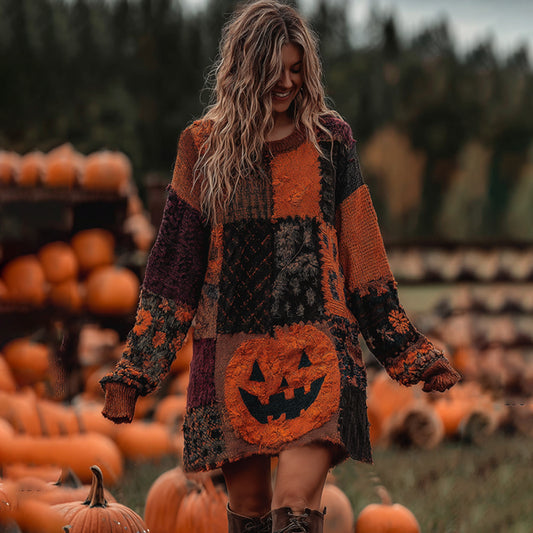 Vintage Halloween Pumpkin Face With Floral Patchwork Art Linen Cozy Knit Sweater Dress