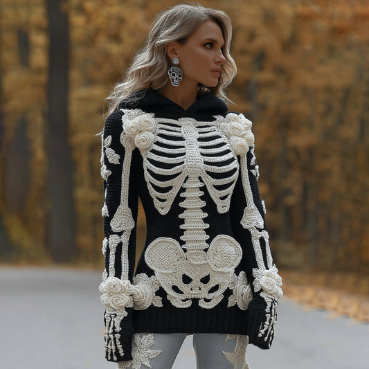 Women's Halloween Skeleton Bones With Roses Art Knitted Warm Hooded Sweater