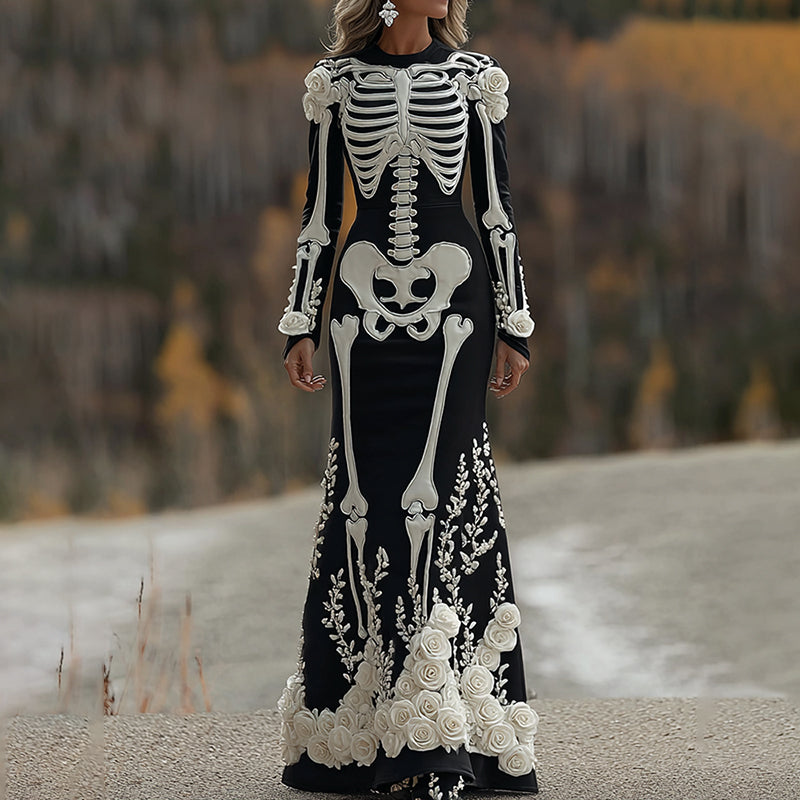 Women's Halloween Skeleton Bones With Rose Art Cozy Long Sleeve Maxi Dress