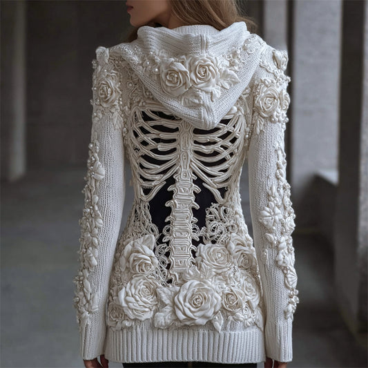 Classy White Roses Beaded Skeleton Hooded Cozy Knit Cardigan