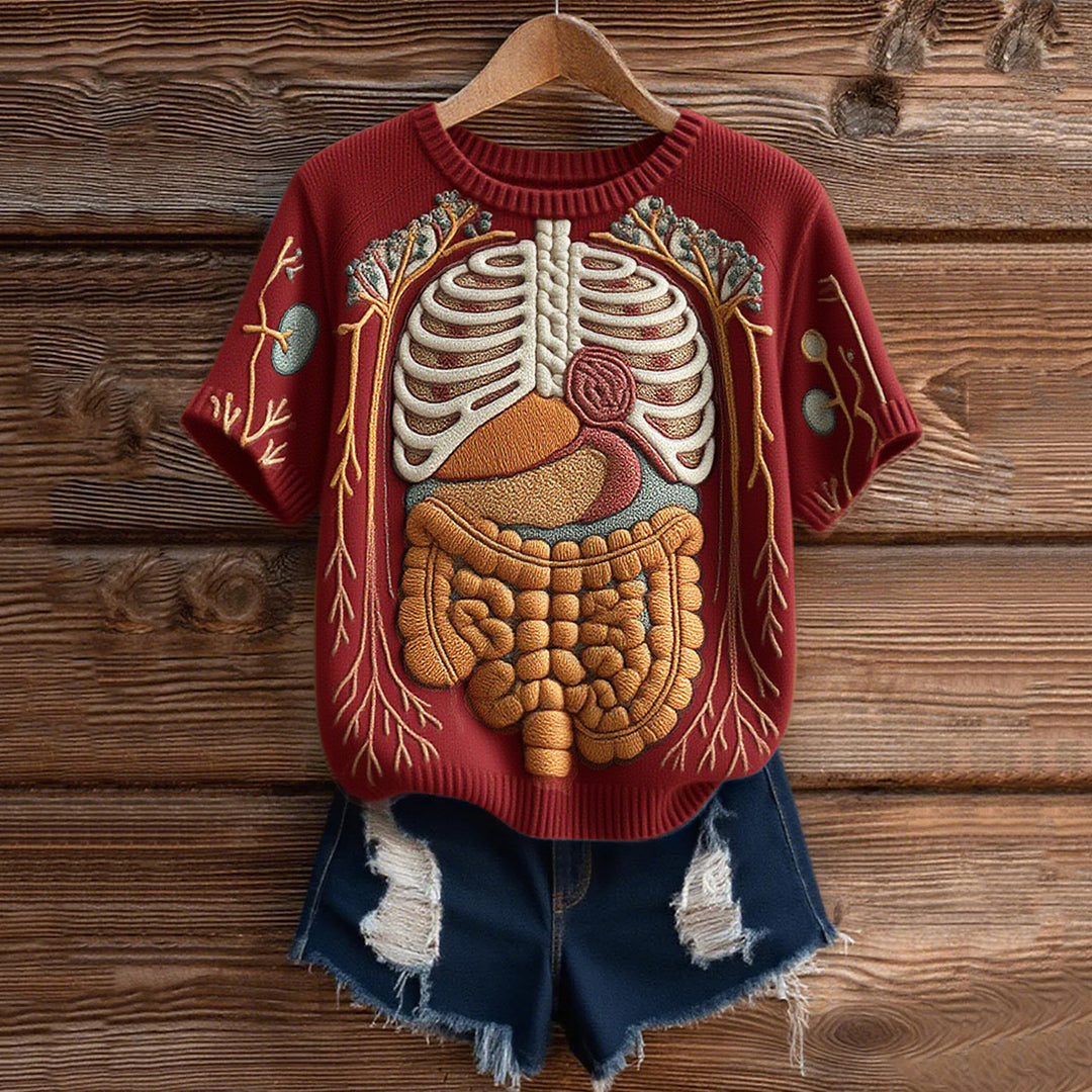 Vintage Classic Halloween Anatomy Art Short Sleeve Chunky Knitted Sweater