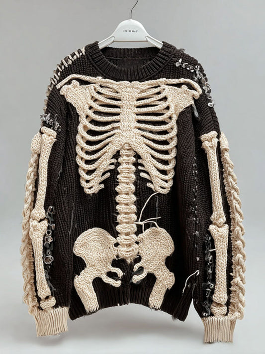 Women's Vintage Halloween White Black Skeleton Art Cozy Sweater