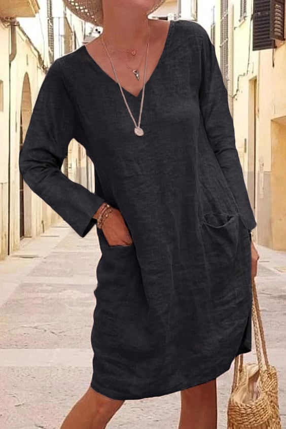 Women's  Solid Color V-Neck Loose Cotton Linen Long Sleeve Dress