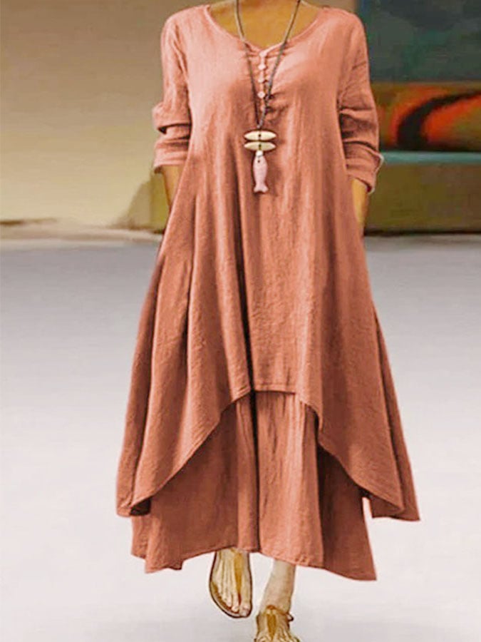 Casual Loose Fake Two Piece Long Dress Swing Linen Dress