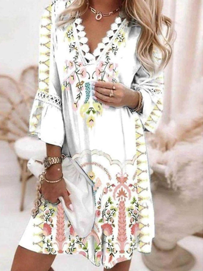 V-Neck Printed Lace Panel Bohemian Dress