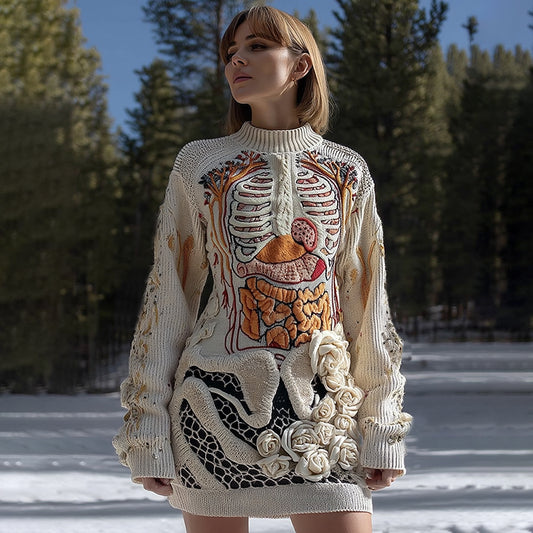Women's Vintage Halloween Anatomy Art Cozy Knit Mini Sweater Dress
