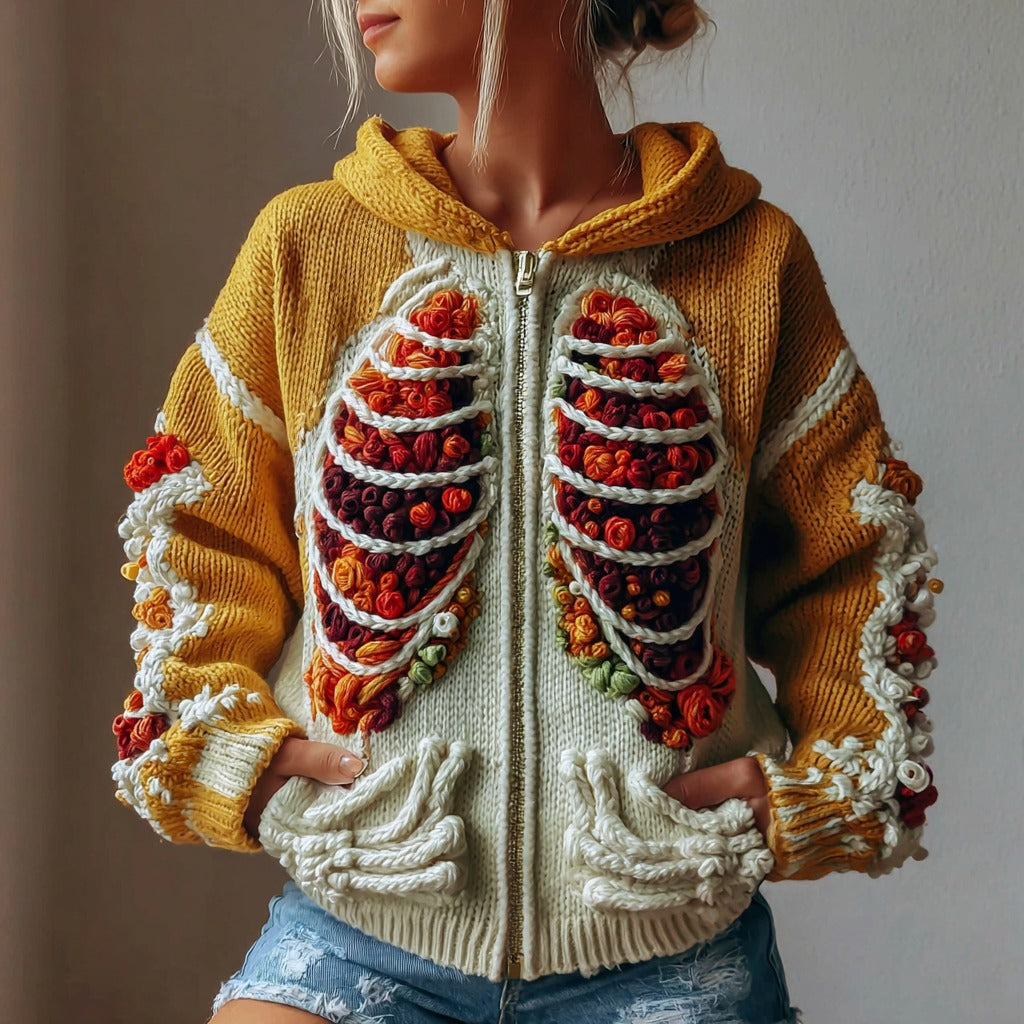 Women's Anatomical Skull And Floral Embroidery Cozy Zip-up Hooded Sweater