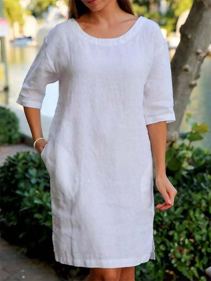 Cotton And Linen Round Neck Solid Color Quarter Sleeved Loose Dress