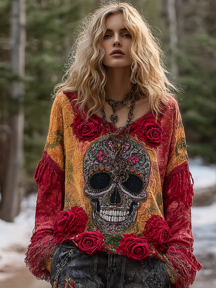 Women's Vintage Skull Patchwork Distressed Long-sleeved Top