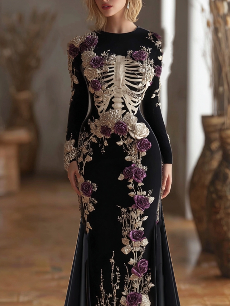 Halloween Theme Lady Round Neck Fitted Velvet Long Dress