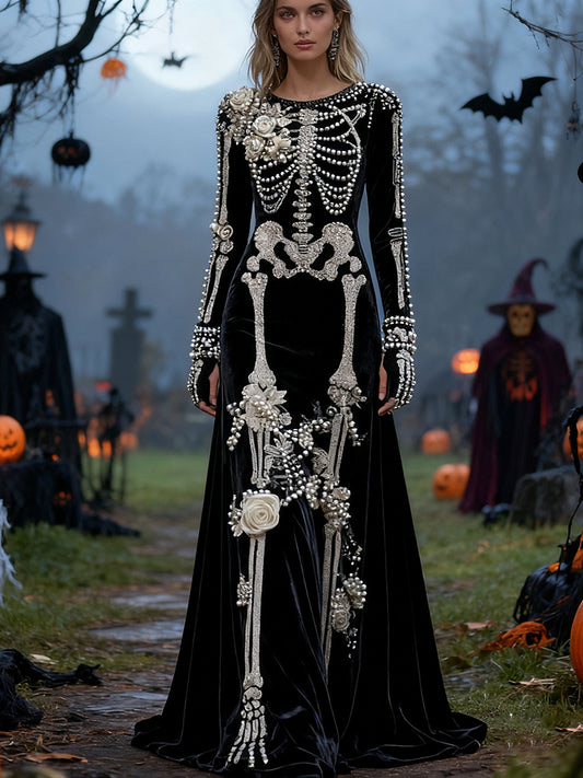 Women's Halloween Skull Floral Velvet Crew Neck Maxi Dress