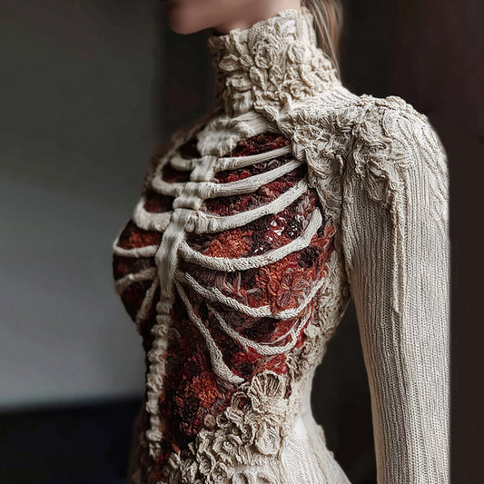 Women's Vintage Skeleton & Floral Art Cozy High Neck Sweater