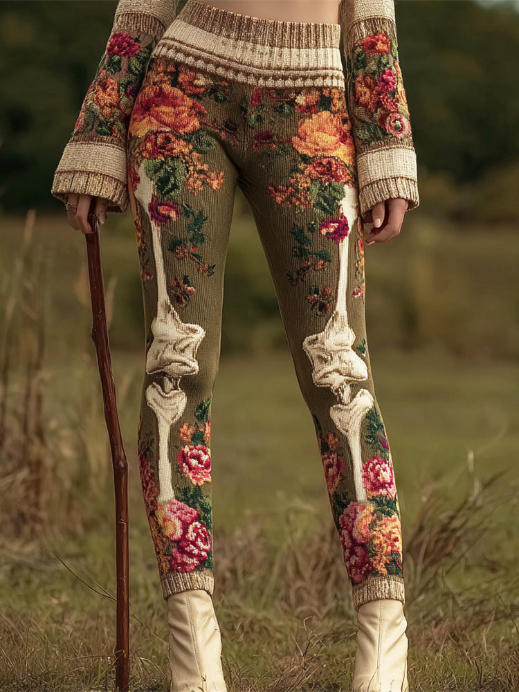 Vintage Floral & Bone Art Women's Knit Leggings