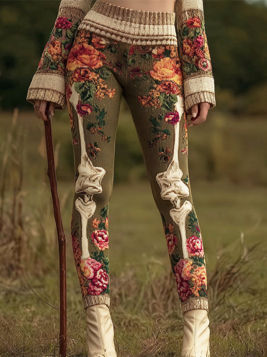 Vintage Floral & Bone Art Women's Knit Leggings