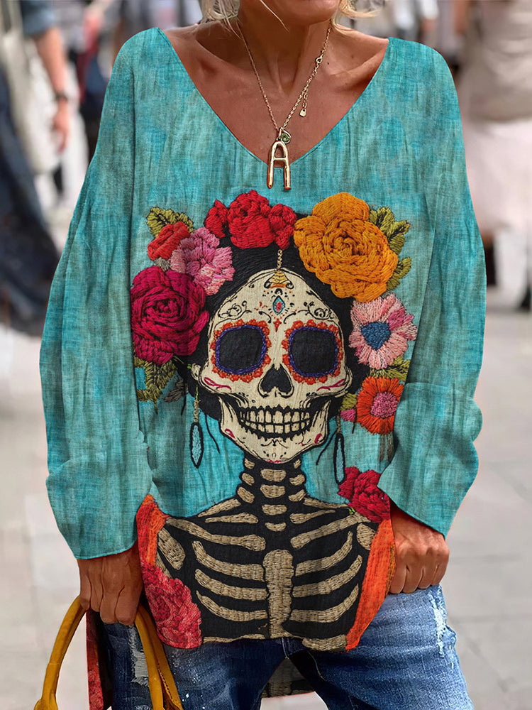 Classy Mexican Sugar Catrina Couple Day Of The Dead Inspired Pattern Art Printed V-Neck T-Shirt