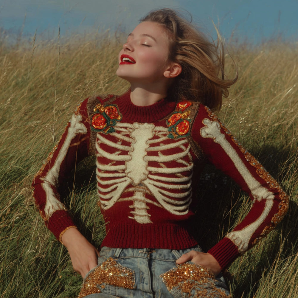 Women's Artistic Sense Halloween Anatomy And Floral Deep Red Round Neck Sweater