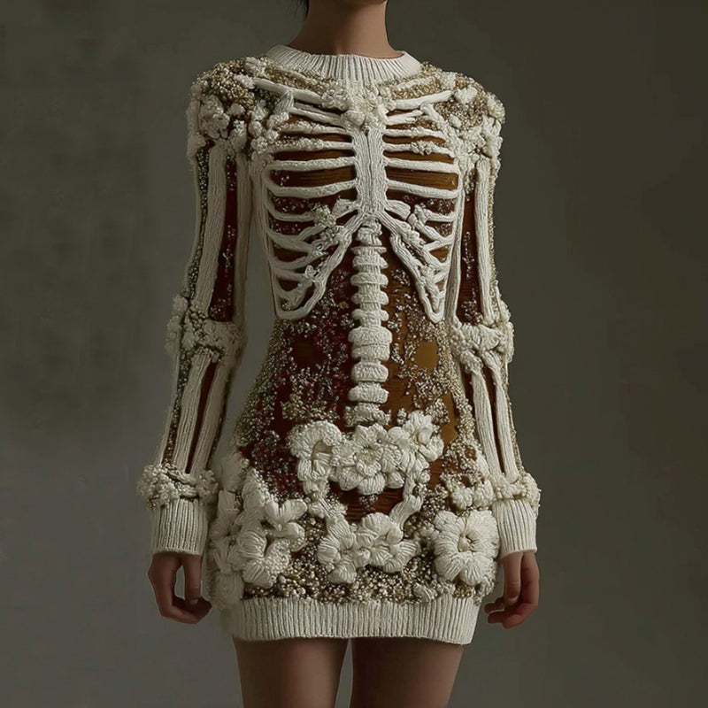 Women's Halloween Skeleton Art Gothic Knit Mini Sweater Dress